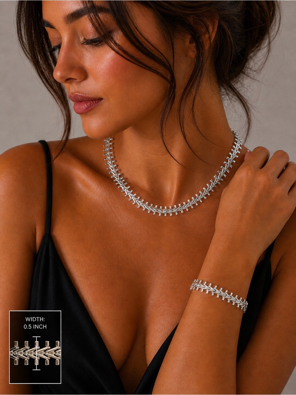 🆕 Gleaming Sterling Silver Herringbone Necklace & Bracelet Set – Sleek Modern